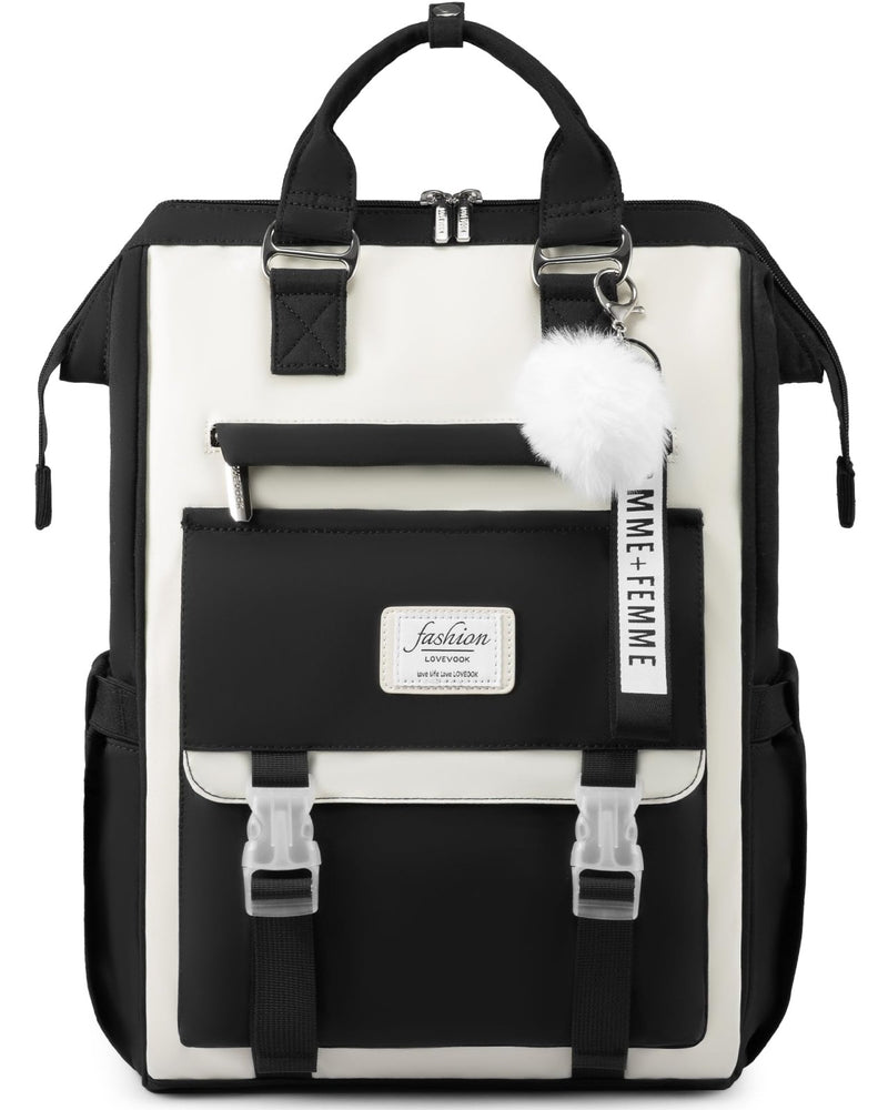 LOVEVOOK School Backpack for Student,15.6 Inch College Backpack, Light Weight Cute Bookbag for Girls, Waterproof Casual Daypack Laptop Backpack fits School Travel Casual（Black&Beige）