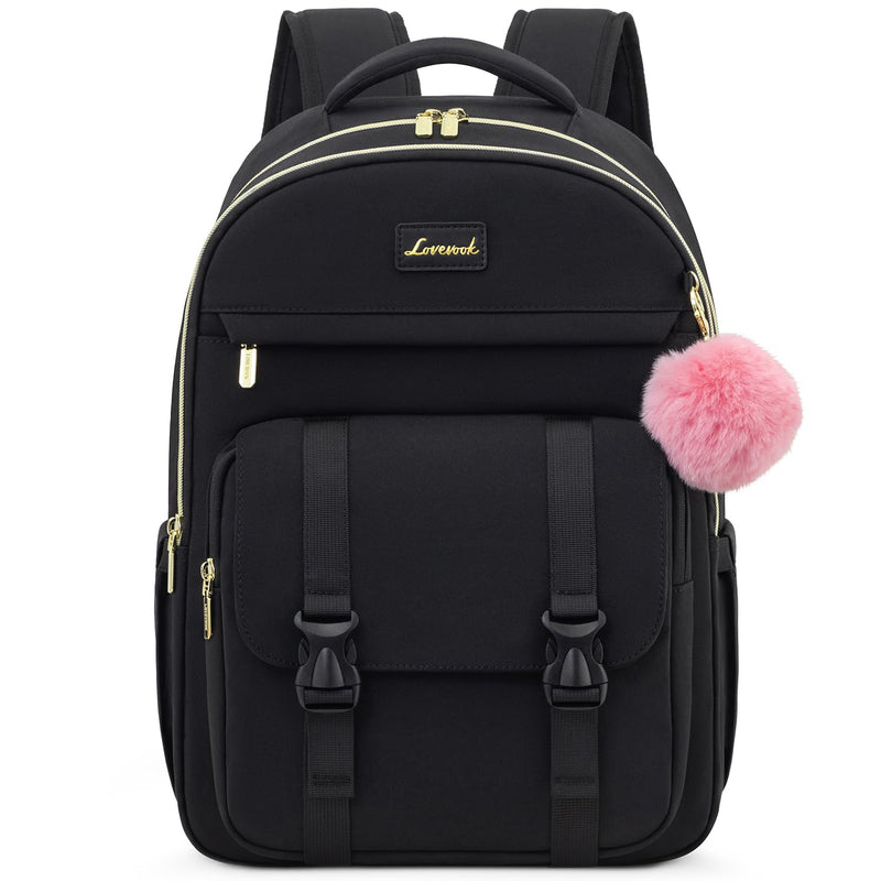 LOVEVOOK School Backpack for Teen Girls, Student Backpack Purse for 14 - 16 Teenage, Cute Kid Bookbag, Back to School Backpacks Fit 15.6 Inch Laptop, Large College Travel Bag, Black