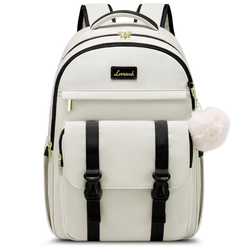 LOVEVOOK School Backpack for Teen Girls, Student Backpack Purse for 14 - 16 Teenage, Cute Kid Bookbag, Back to School Backpacks Fit 15.6 Inch Laptop, Large College Travel Bag, Beige - Black