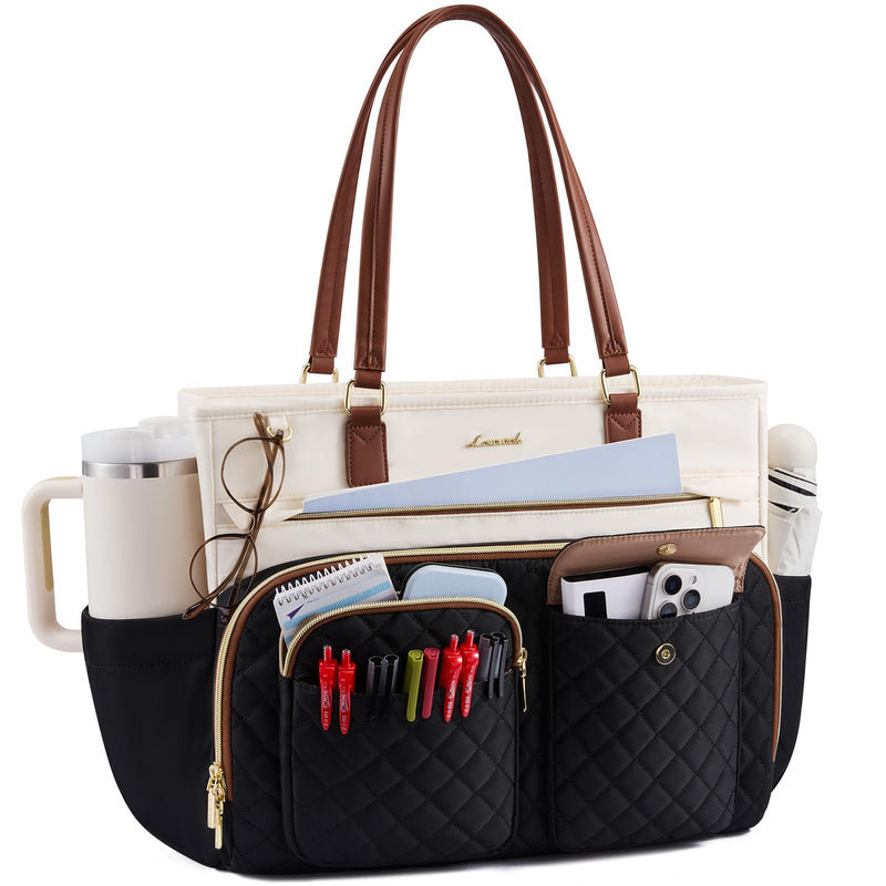 LOVEVOOK Teacher Tote Bag for Women Work, Laptop Bag with Large Cup Holder, Nurse Bag with Multi Pocket, Water - Resistant Business Travel Computer Briefcase Handbag Diaper Bag Mother Gift, 15.6 Inch