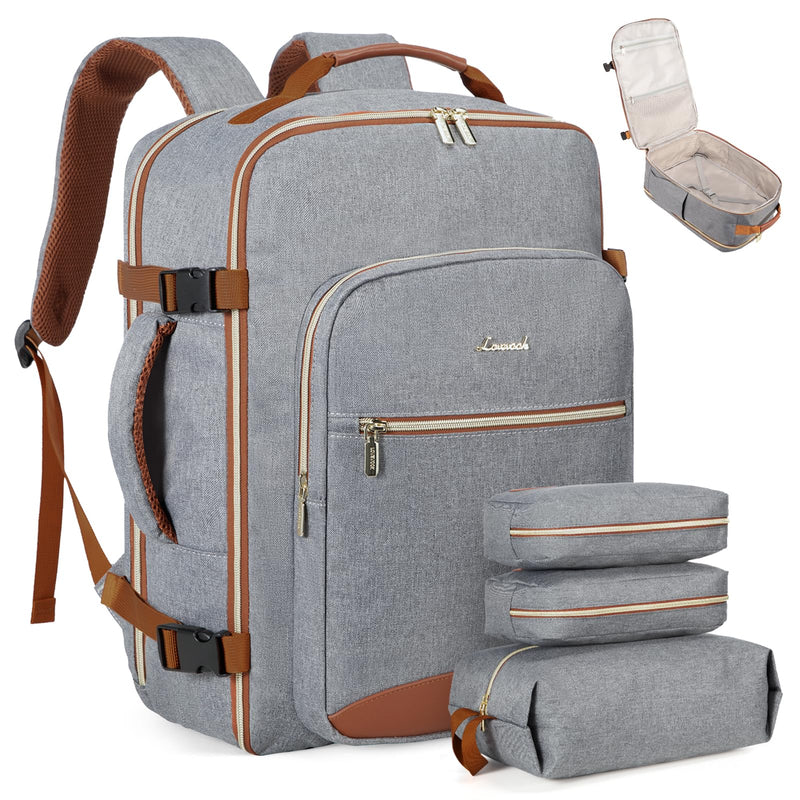 LOVEVOOK Travel Backpack for Women & Men 40L,Airline Approved Carry On Backpack Travel Essentials,TSA Carry on Luggage,Waterproof Personal Item Travel Bag,Suitcase with 3 Packing Cubes,Grey - Brown