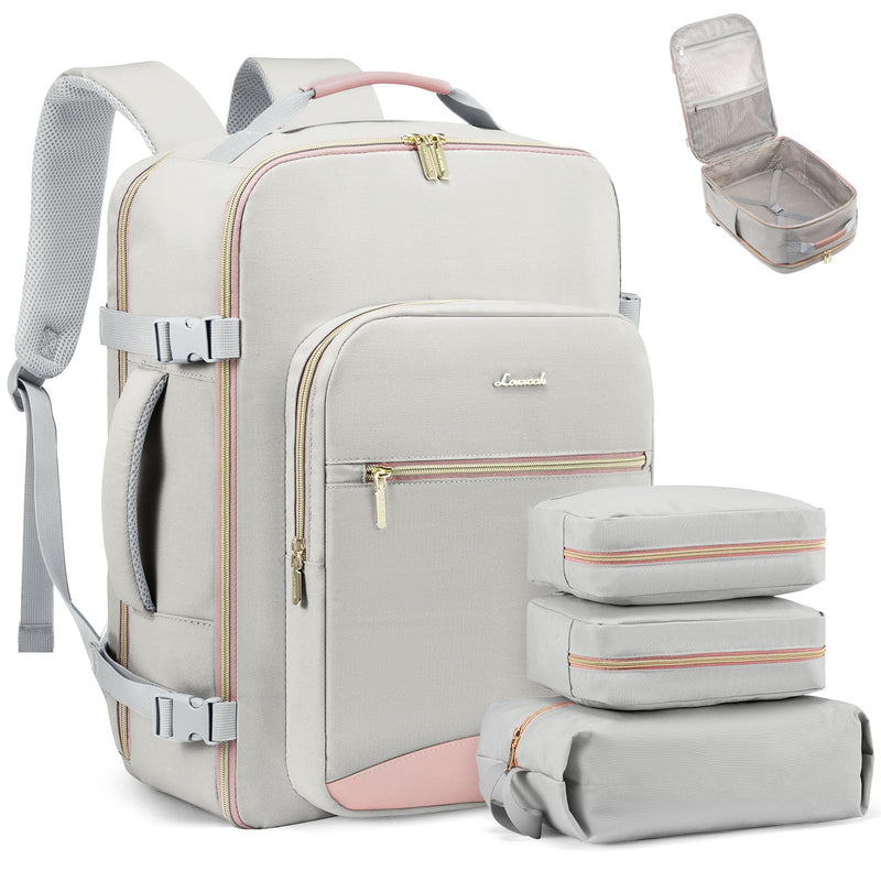 LOVEVOOK Travel Backpack for Women & Men 50L,Airline Approved Carry On Backpack Travel Essentials,TSA Carry on Luggage,Waterproof Personal Item Travel Bag,Suitcase with 3 Packing Cubes,Light gray - Pink