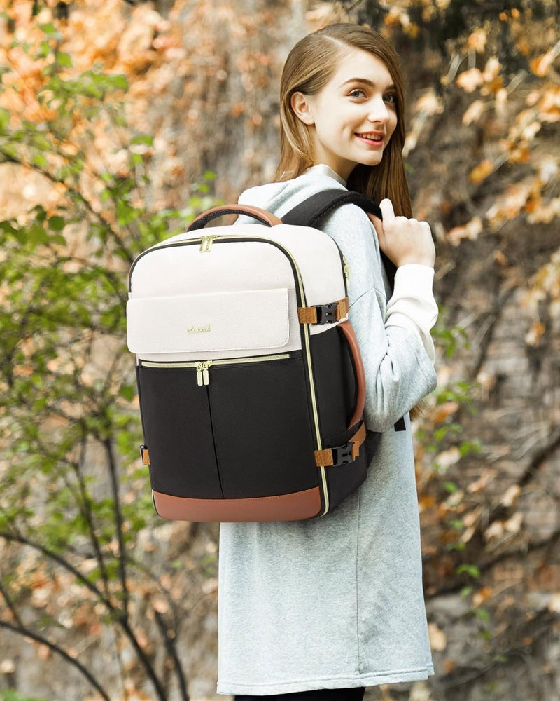LOVEVOOK Travel Backpack for Women, TSA Carry On Backpack Flight Approved Luggage, 40L Water Resistant Personal Item Daypack Large Weekender Bag fit 17 inch Laptop with 3 Cubes, Beige - black - brown
