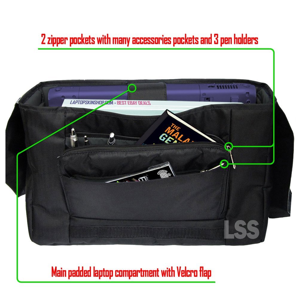 LSS 17 - 17.3" Laptop Padded Compartment Shoulder Messenger Bag with Colorful Black Gray Red Flower Leaves Carrying Case for 16" 17" 17.3" & Smaller Size Notebook