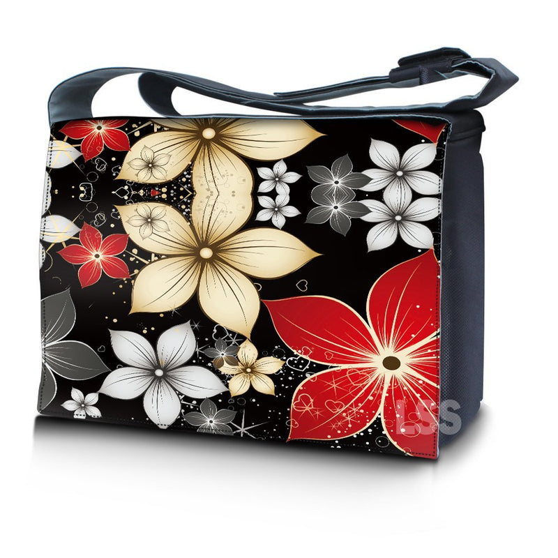LSS 17 - 17.3" Laptop Padded Compartment Shoulder Messenger Bag with Colorful Black Gray Red Flower Leaves Carrying Case for 16" 17" 17.3" & Smaller Size Notebook