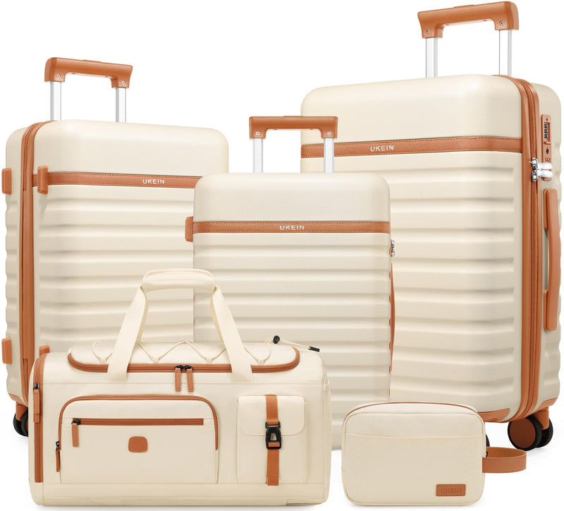 Luggage Sets 5 Piece, Carry On Luggage 20In With Spinner Wheels, Hardside Suitcase Set with TSA Lock,Durable Checked Large Suitcase With Travel Backpack for Men - 20in/24in/28in (Beige, 5 piece set)