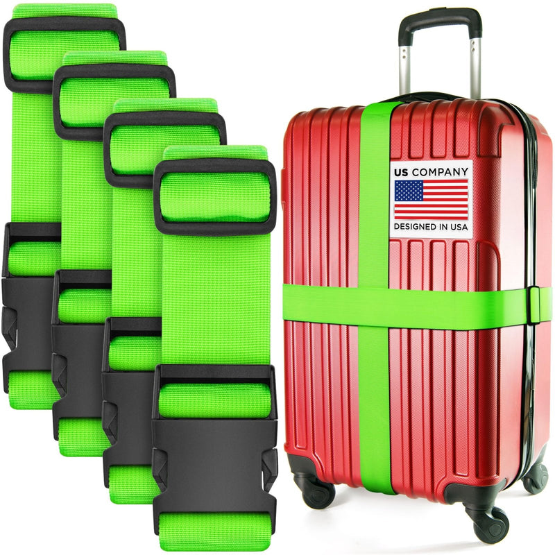 Luggage Straps for Suitcases - TSA Approved - Neon Green, 4 PK - Premium Nylon Belts for Suitcase, Briefcase & Travel Bag - Adjustable Strap Length 46" - 78"