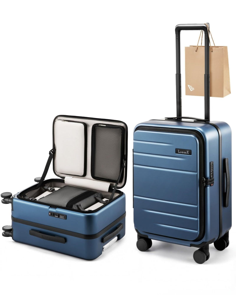 LUGGEX Carry On Luggage Top Opening, FLA Aluminum Frame Trunk Style Luggage, Polycarbonate Hard Shell Suitcase (FX - Enhance, Blue, 20 Inch, 38L)