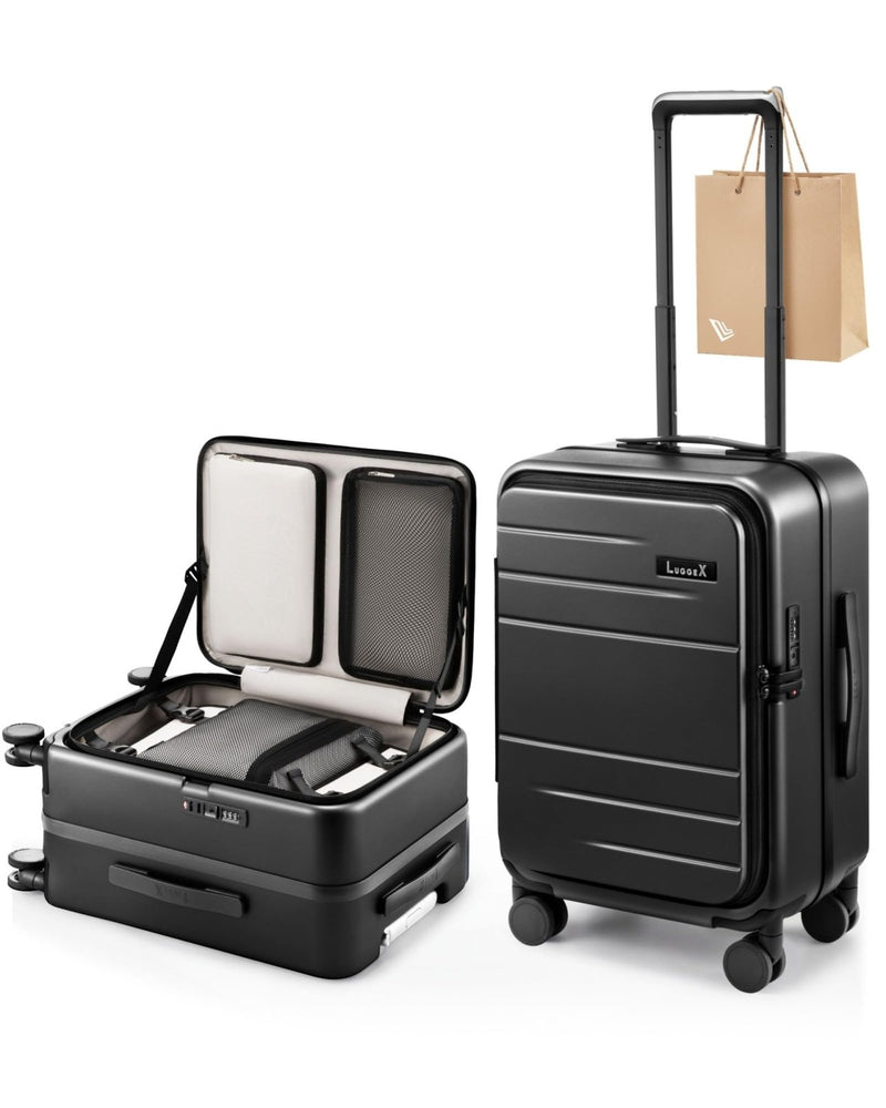 LUGGEX Carry On Luggage Top Opening, FLA Aluminum Frame Trunk Style Luggage, Polycarbonate Hard Shell Suitcase (FX - Enhance, Charcoal Metallic, 20 Inch, 38L)