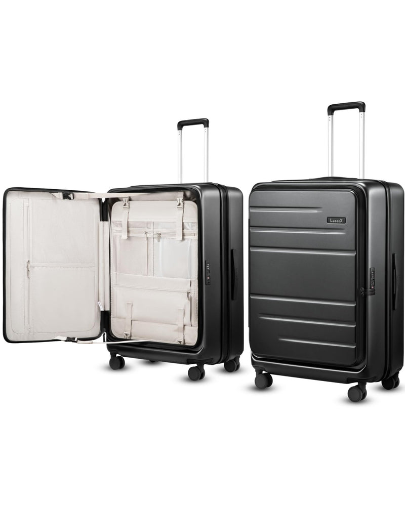LUGGEX Checked Suitcase with Spinner Wheels, FLO5 Expandable Polycarbonate Hard Shell Suitcase with TSA Approved Lock (FX - Core, Black, 28 Inch)