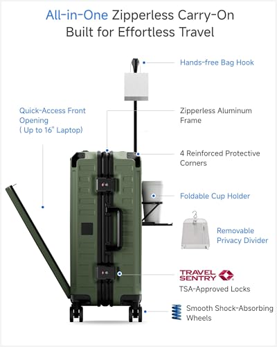 LUGGEX Zipperless Carry On Luggage with Spinner Wheels 22.5" x 15.5" x 9.6", SF81 Aluminum Polycarbonate Hard Shell Front Opening Suitcase, TSA & Cup Holder (ZX-Pro, Olive Green)