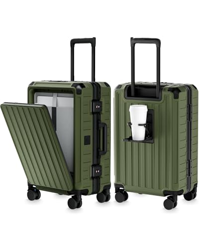 LUGGEX Zipperless Carry On Luggage with Spinner Wheels 22.5" x 15.5" x 9.6", SF81 Aluminum Polycarbonate Hard Shell Front Opening Suitcase, TSA & Cup Holder (ZX-Pro, Olive Green)