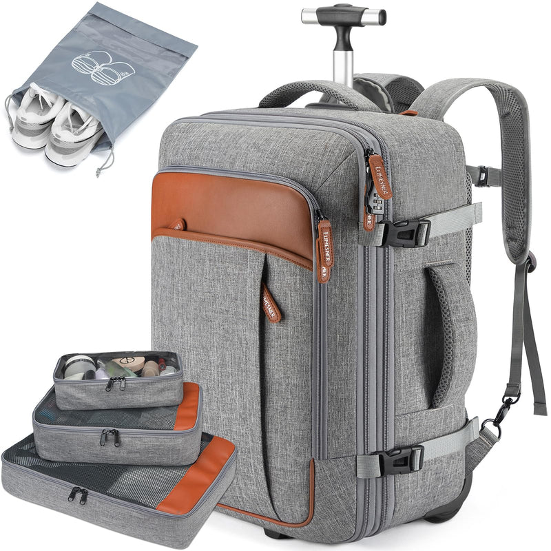 Lumesner Rolling Backpack for Men and Women, Extra Large 42L Travel Backpack with Wheels, 17.3 Inch Carry - On Laptop Bag with 4 packing cubes for Business and Work, Large Capacity Rolling Bag, Grey