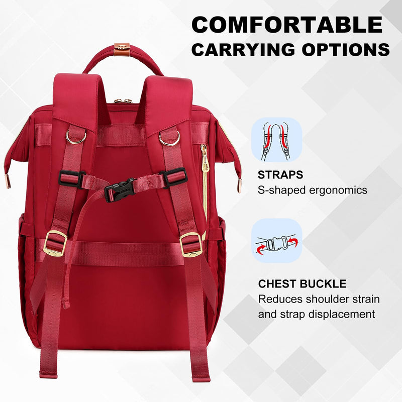 Lunch Backpack, 15.6 inch Laptop Backpack with Insulated Lunch Bag, Backpack Cooler for Women, Large Travel Backpack Lunch Box Compartment, Work Computer Backpack, Teacher College Book Bag, Red