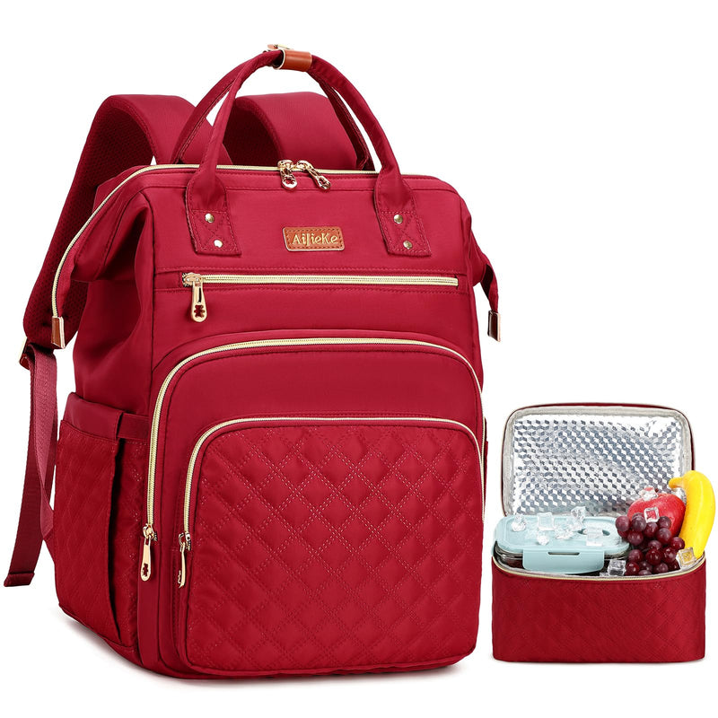 Lunch Backpack, 15.6 inch Laptop Backpack with Insulated Lunch Bag, Backpack Cooler for Women, Large Travel Backpack Lunch Box Compartment, Work Computer Backpack, Teacher College Book Bag, Red