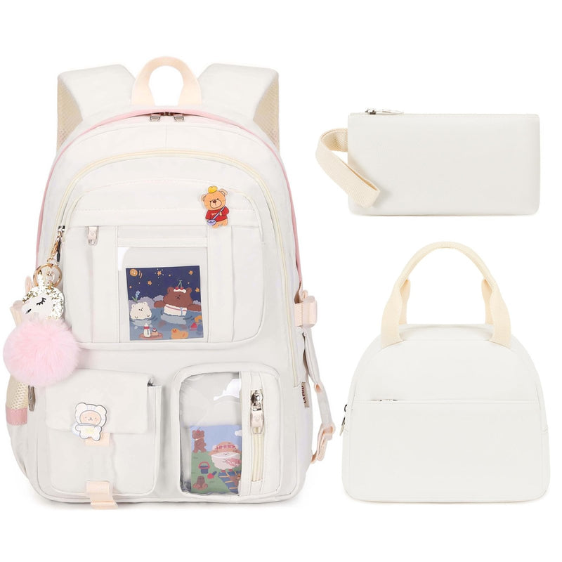 LXYGD Laptop Backpacks 16 Inch School Bag College Backpack 3 PCS with Lunch Box Pencil Pouch Set Large Travel Daypack Kawaii Bookbags for Teens Girls Women Students (Off - white)