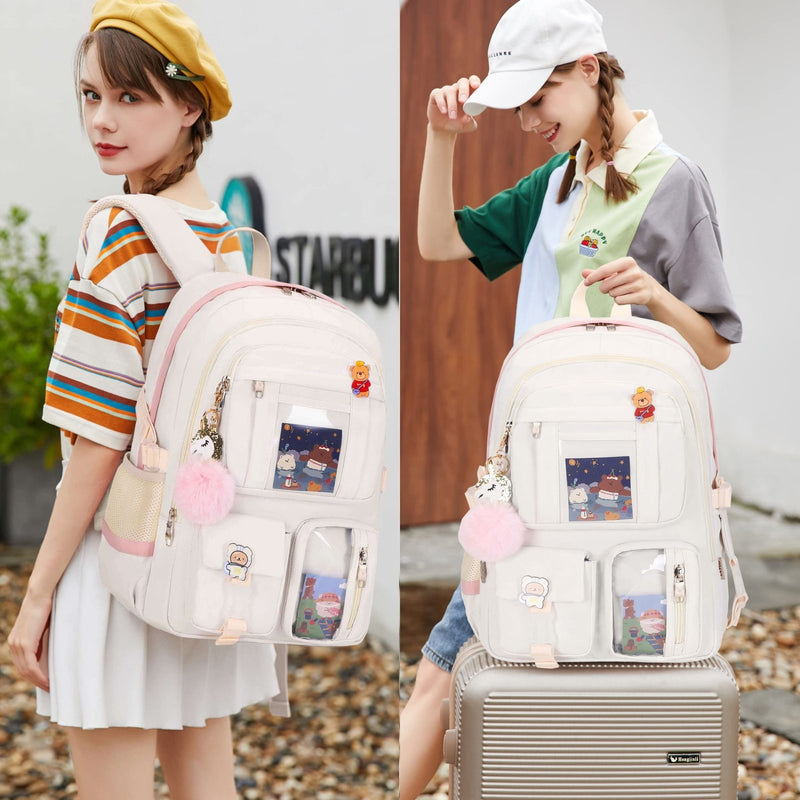 LXYGD Laptop Backpacks 16 Inch School Bag College Backpack 3 PCS with Lunch Box Pencil Pouch Set Large Travel Daypack Kawaii Bookbags for Teens Girls Women Students (Off - white)
