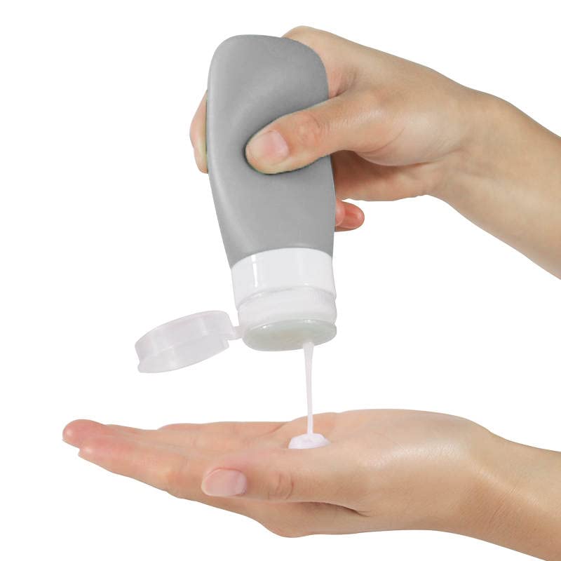 LYOB Travel Bottles for Toiletries, TSA Approved 3oz (90ml) Leak Proof Silicone Refillable Squeeze Travel Size Containers BPA Free for Cleansers, Lotions, Shampoo 3 - pk (Black - Gray - White)