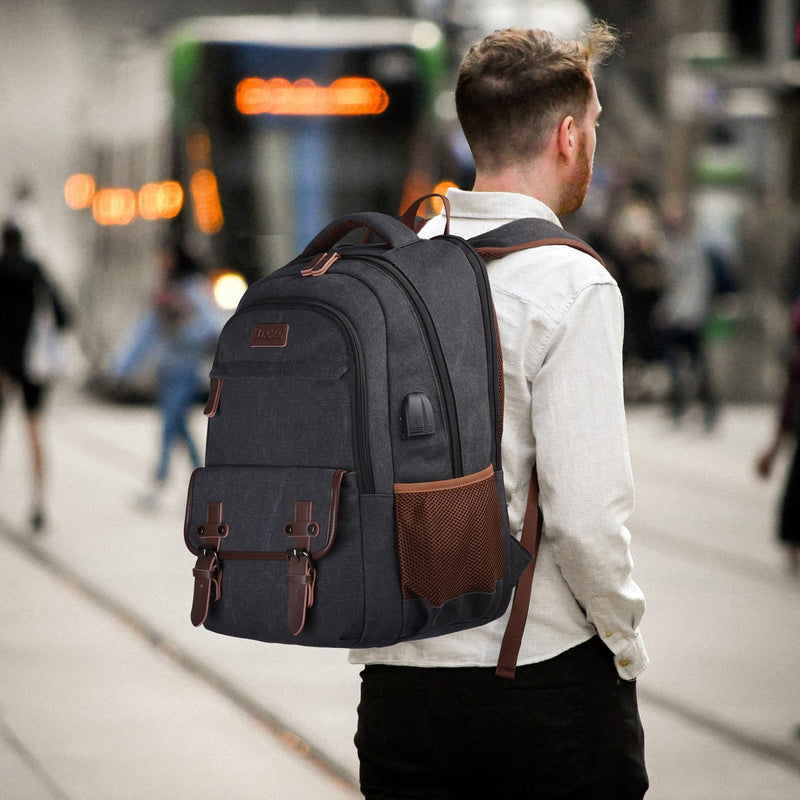 Mactso Canvas Travel Laptop Backpack for Men Women, Business Work Rucksack College School Computer Bag Fits 15.6 Inch Notebook,Bookbag with USB Charging Port (Black, 15.6 Inch)