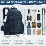 Maelstrom Hiking Backpack, 40L Waterproof Camping Daypack for Men and Women, Lightweight Travel Pack with Rain Cover (Blue)