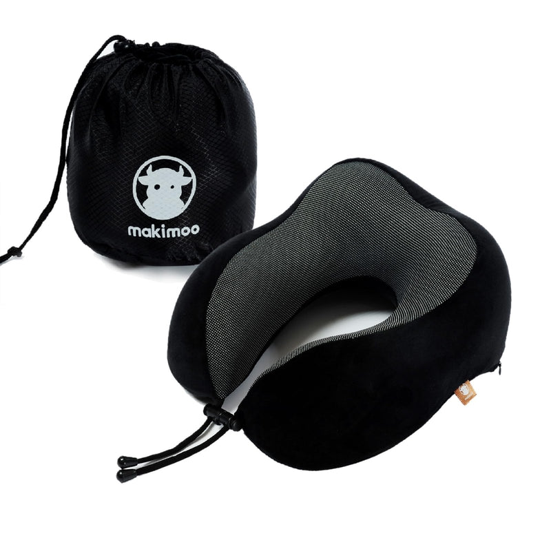 Makimoo Memory Foam Travel Pillow, Neck Pillow with 360 - Degree Head Support, Comfortable Ideal for Sleeping on Airplane, Car, Train, Bus and Home Use, Comes with Storage Bag (Black)