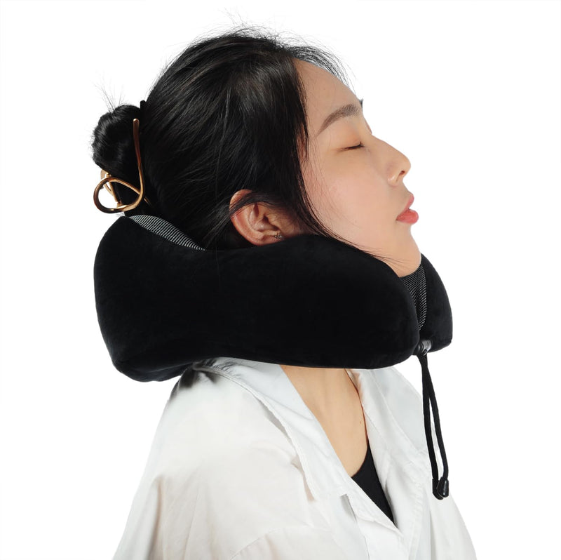 Makimoo Memory Foam Travel Pillow, Neck Pillow with 360 - Degree Head Support, Comfortable Ideal for Sleeping on Airplane, Car, Train, Bus and Home Use, Comes with Storage Bag (Black)