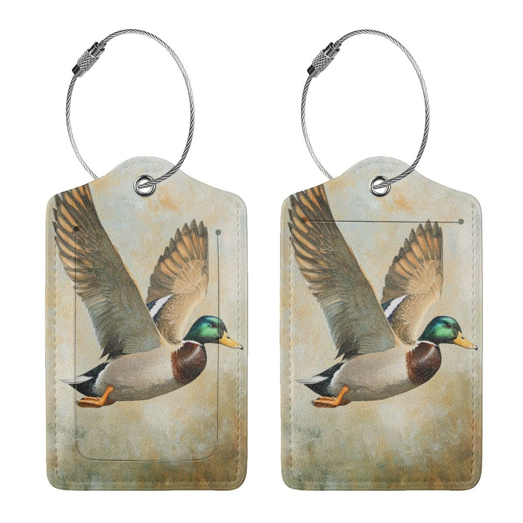 Mallard Duck in Mid - Flight Vintage Luggage Tag for Suitcase 2 Pack Leather Luggage Tag with Privacy Flap Name Id Label and Metal Loop for Women Men Travel