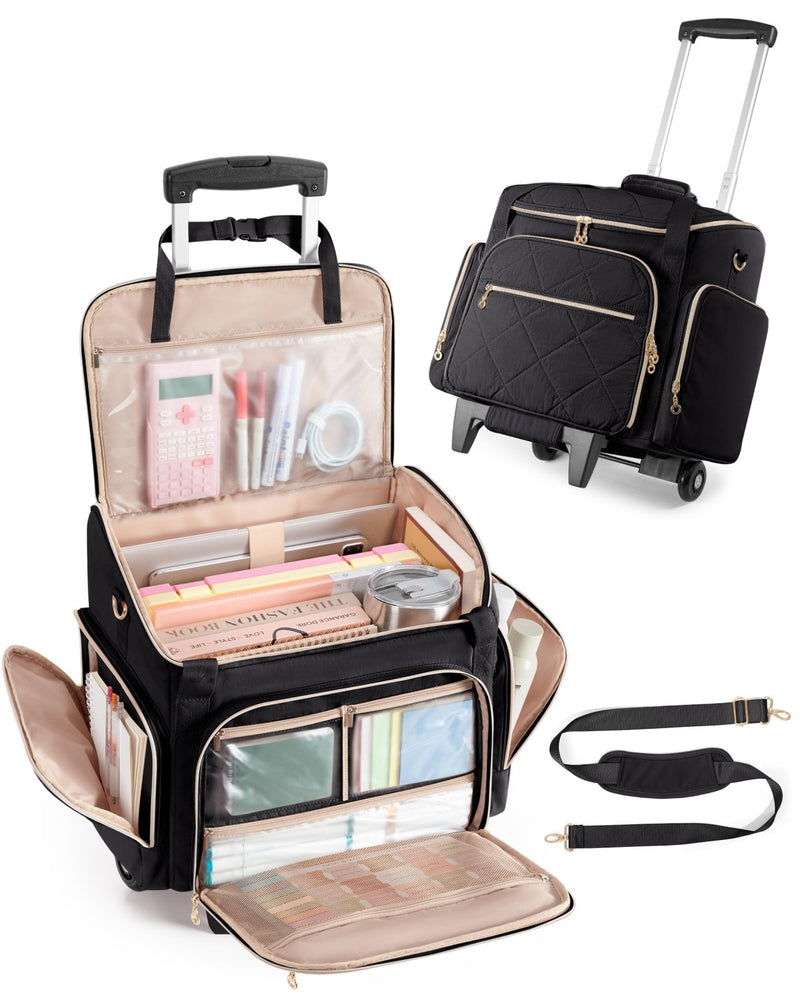 Marscamd Rolling Teacher Bag with 15.6" Laptop Compartment, Wheeled Work Briefcase Tote with Detachable Trolley for Women, Black