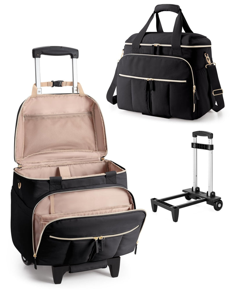 Marscamd Rolling Teacher Bag with Accordion File Organizer & 15.6" Laptop Compartment, Wheeled Work Briefcase Tote with Detachable Trolley & Crossbody Strap for Women, Black