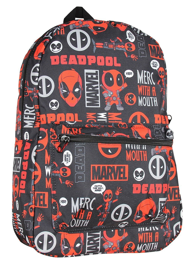 Marvel Deadpool Backpack Merc With A Mouth Verbiage All Over Print Laptop Travel Backpack 17"