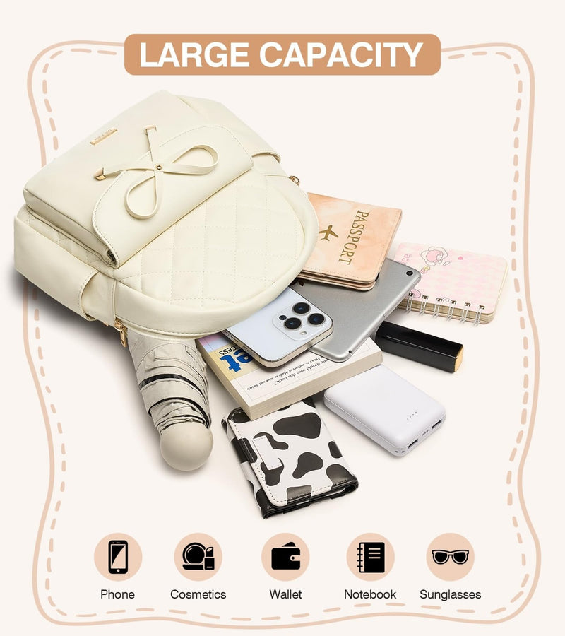 Marvolia Mini Backpack for Women and Girls - Leather Backpack with Cute Bowknot Quilted Small Backpacks for Shopping Travel School - White
