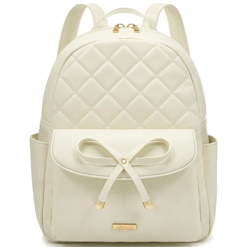Marvolia Mini Backpack for Women and Girls - Leather Backpack with Cute Bowknot Quilted Small Backpacks for Shopping Travel School - White
