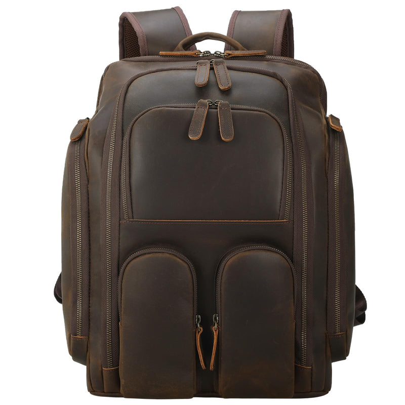 Masa Kawa Leather Backpack for Men with 16" Laptop & Camera Lens Sleeve, Multi Pockets Weekend Trip Business Travel Overnight Camping Bag, Vintage Brown