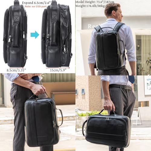 Masa Kawa Slim Leather 15.6" Laptop Backpack for Men Convertible Briefcase Backpacks Expandable Black Business Work Bag Slim Travel Daypack
