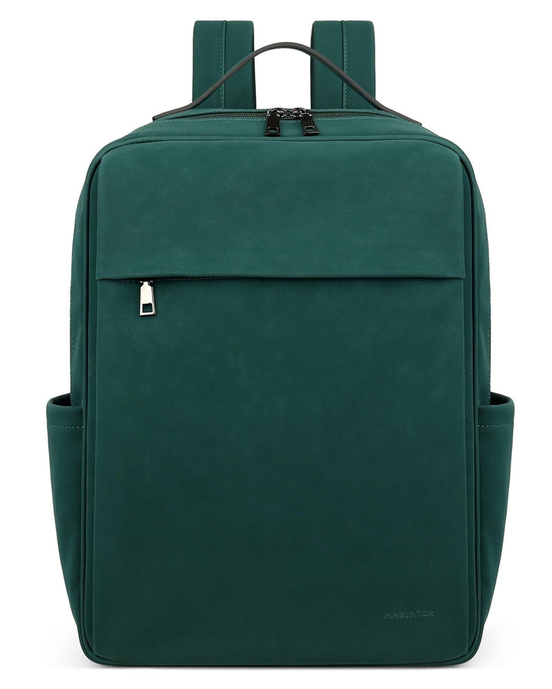 MASINTOR 15.6 inch PU Leather Laptop Backpack Purse for Women, Large College Casual Backpack Travel Bag Retro Green