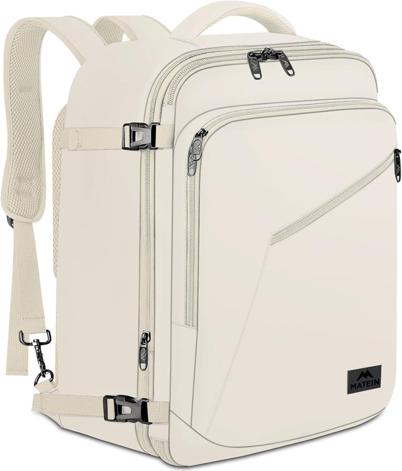 MATEIN Large Backpack for Travel Flight Approved, 45L Carry on Backpack with Padded Shoulder Straps for Adult, Men, Women, Expandable Daypack for Clothes, Travel Essentials, Beige