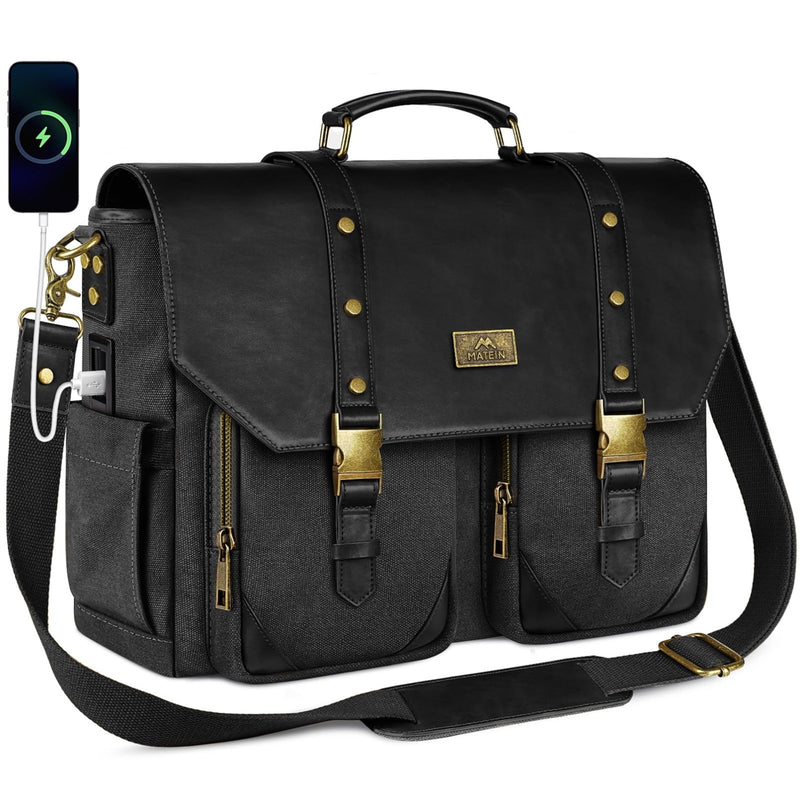 MATEIN Vintage Messenger Bag for Women, 15.6 Inch Laptop Bag Large Canvas PU Leather Briefcase with USB Port, Water Resistant Computer Shoulder Satchel Crossbody for Work Commuting, Grey - Black