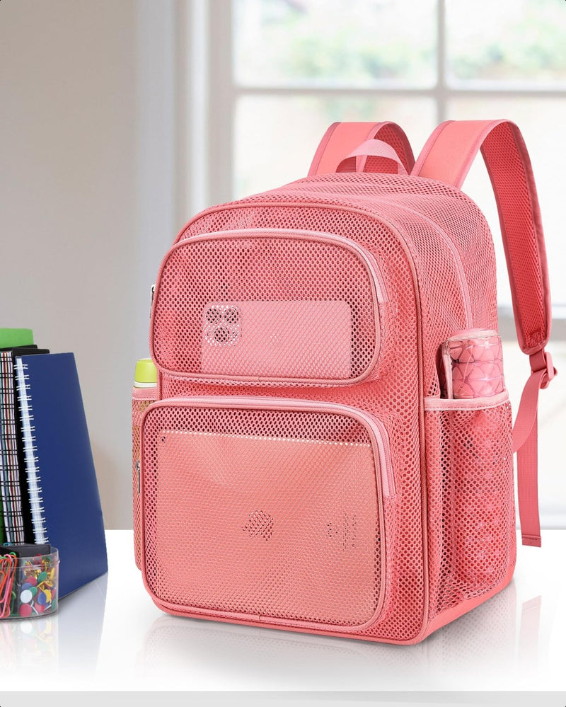 MAY TREE Mesh Backpack Heavy Duty Big Mesh Bag Large Capacity for Travel Beach Hiking Outdoor Sports with Paded Strap, Pink