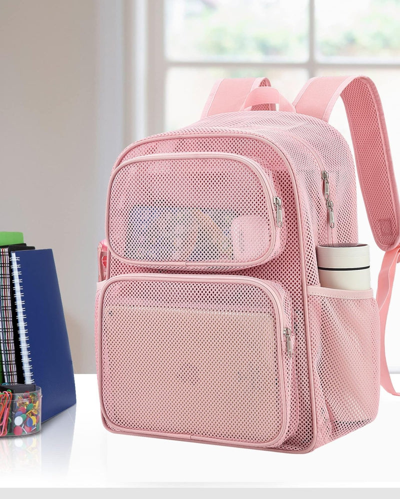MAY TREE Mesh Backpack Heavy Duty Big Mesh Bag Large Capacity for Travel Beach Hiking Outdoor Sports with Paded Strap, Princess Pink