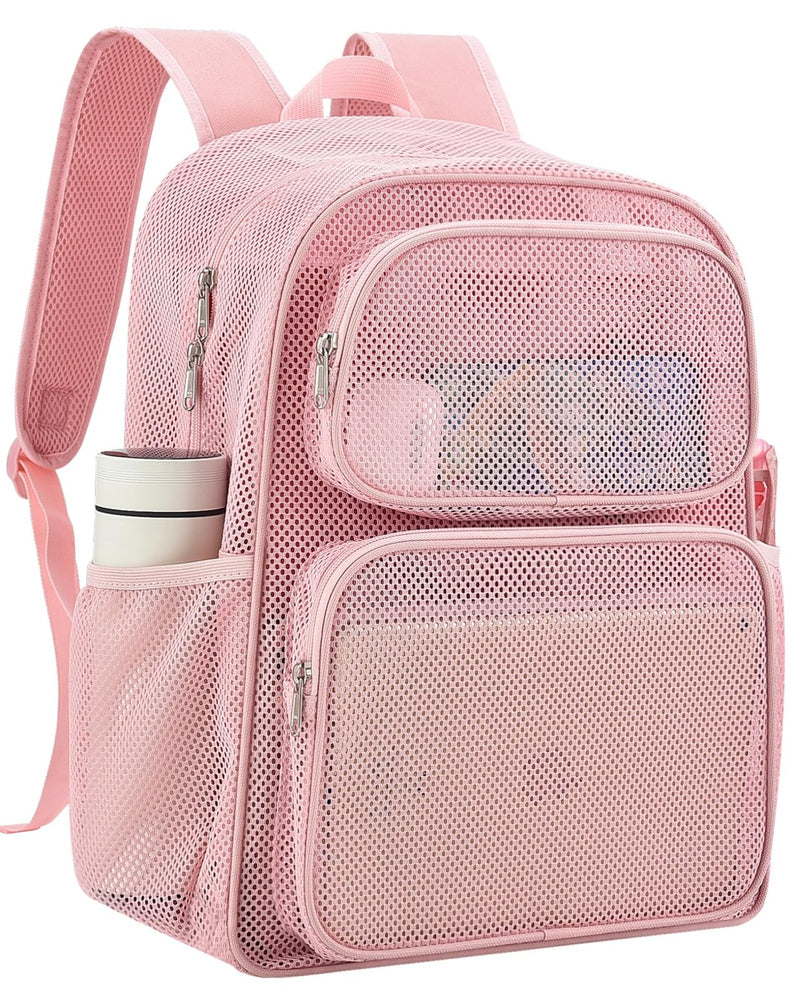 MAY TREE Mesh Backpack Heavy Duty Big Mesh Bag Large Capacity for Travel Beach Hiking Outdoor Sports with Paded Strap, Princess Pink