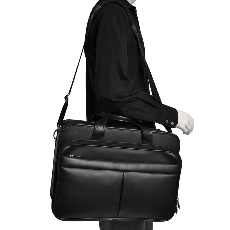 McKlein, R Series, WALTON, Top Grain Cowhide Leather, 17" Leather Expandable Double Compartment Laptop Briefcase w/Removable Sleeve, Black (83985)