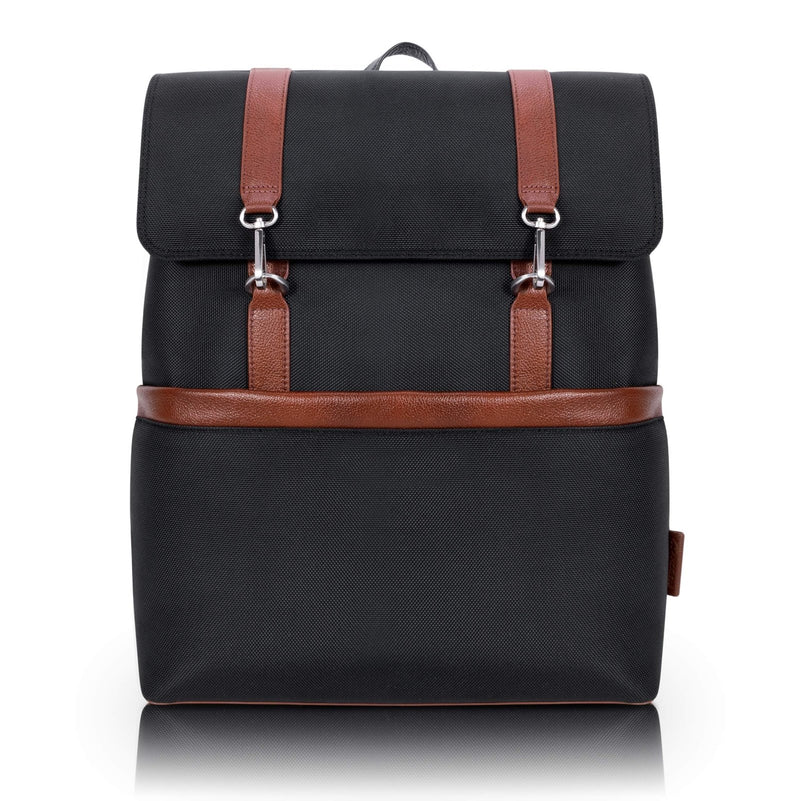 McKleinUSA Element, 1680D Ballistic Nylon with Leather Trim, 17" Nylon, Two - Tone, Flap - Over, Laptop & Tablet Backpack, Black (78475)