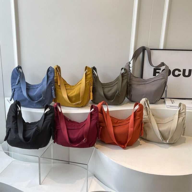 Medium Crossbody Tote Bag Trendy Light Weight Nylon Purse for Books, Casual Crescent Crossbody Bags for Women (Orange)