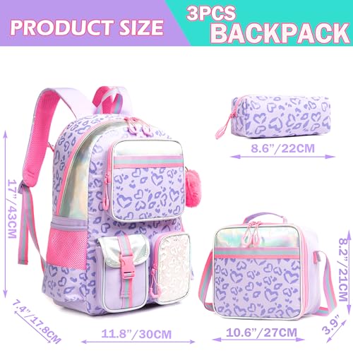 Meetbelify Aesthetic Backpack with Lunch Box for Elementary Students - Cute School Bag for Girls 8-10 - Purple