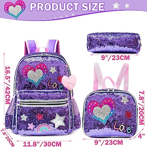 Meetbelify Backpack for Girls School Backpacks Kids Cute Sequin Bookbag for Elementary Kindergarten with Lunch Box Pencil Case for Girls 5-12 Years Old