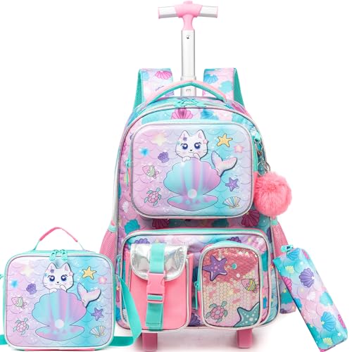 Meetbelify Cute Cat Rolling Backpack with Wheels for Girls Rolling Backpacks with Lunch Box for Elementary School Students 3 in 1 Kids | Backpacks4Less