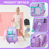 Meetbelify Rolling Backpack for Girls Carry on Luggage with Wheels Kids Suitcases for Girls Ages 8 - 10 with Lunch Box for Elementary School 18inch 3 in 1 Rolling Backpack Back to School Supplies