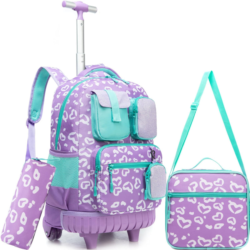 Meetbelify Rolling Backpack for Girls Carry on Luggage with Wheels Kids Suitcases for Girls Ages 8 - 10 with Lunch Box for Elementary School 18inch 3 in 1 Rolling Backpack Back to School Supplies