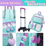 Meetbelify Rolling Backpack with Wheels - Cute Carry On Backpack with Lunch Box Pencil Case for Elementary Student to Teen Girls - 8 - 10 Years