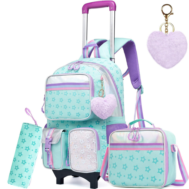 Meetbelify Rolling Backpack with Wheels - Cute Carry On Backpack with Lunch Box Pencil Case for Elementary Student to Teen Girls - 8 - 10 Years